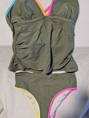 RX RXCOCO Olive Green Tank- Kini Swimsuit with Neon Trim Size SMALL